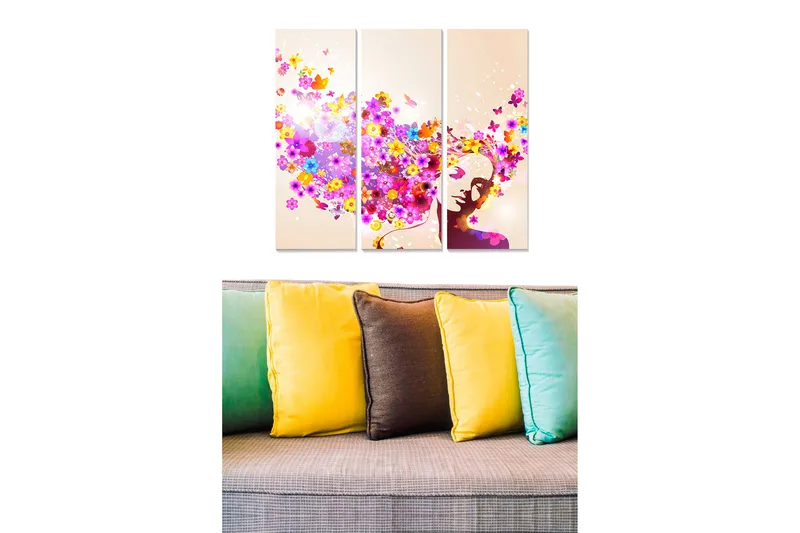 Trælærredstryk 3-delt 50x70 cm - Farverig kvinde med blomster og sommerfugle, der svæver omkring hende, Lilla / Lyserød / Gul