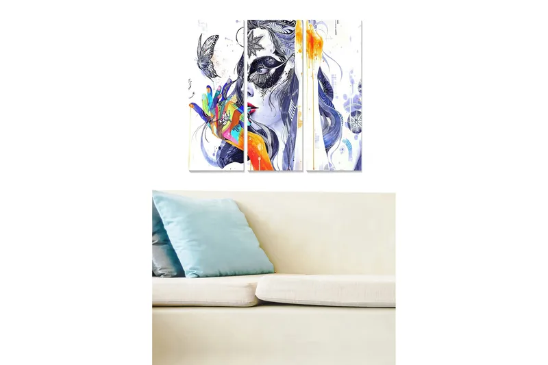 Trælærredstryk 3-delt 50x70 cm - Farverig kvinde med sommerfugle og abstrakte mønstre, Blå / Orange / Sort