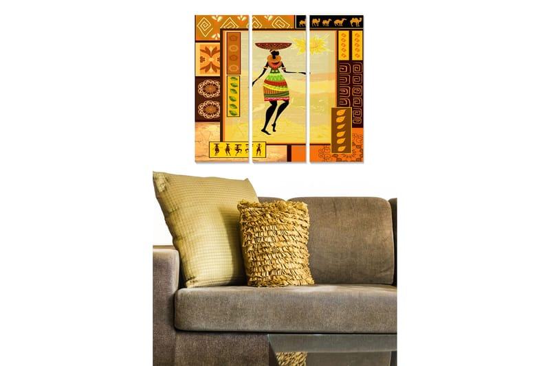 Trælærredstryk 3-delt 50x70 cm - Farverig kvinde med traditionelt tøj og en kurv på hovedet, Orange / Brun / Gul