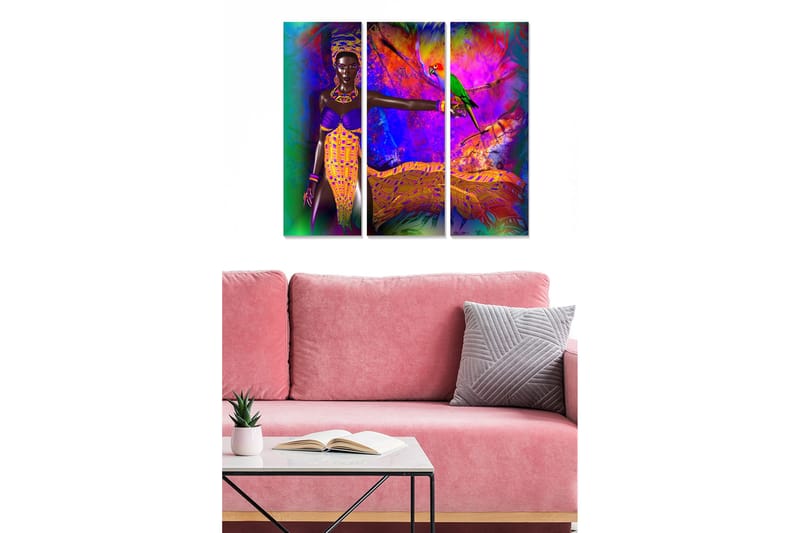 Trælærredstryk 3-delt 50x70 cm - Farverig kvinde med papegøje i et levende tropisk miljø, Lilla / Grøn / Orange