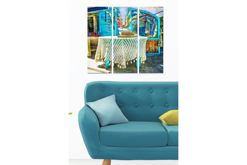 Trælærredstryk 3-delt 50x70 cm - Farverig markedsplads med tøj og dekorationer, Blå / Hvid / Beige