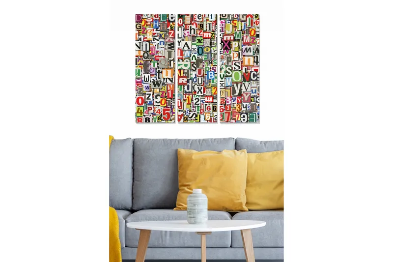 Trælærredstryk 3-delt 50x70 cm - Farverig samling af bogstaver og tal, Rød / Grøn / Blå