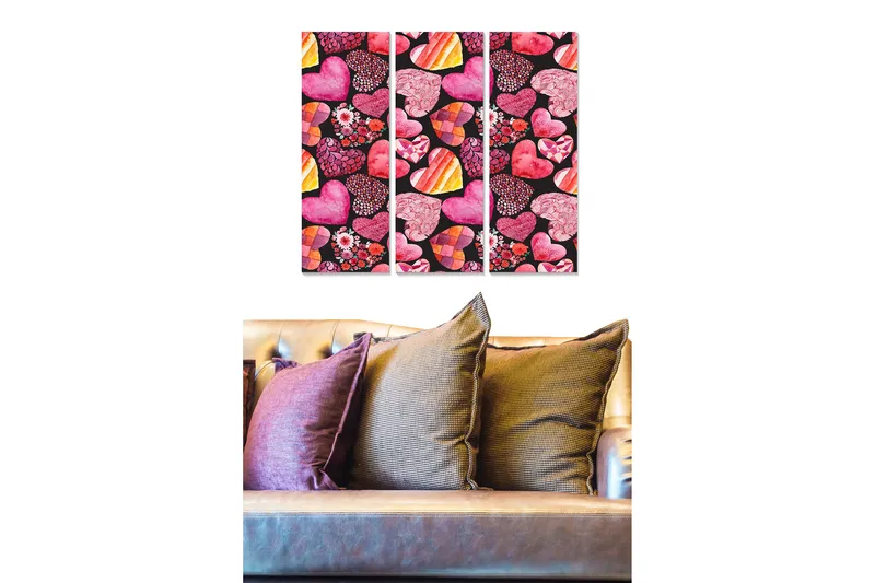 Trælærredstryk 3-delt 50x70 cm - Farverig samling af hjerter og blomster, Lyserød / Rød / Lilla