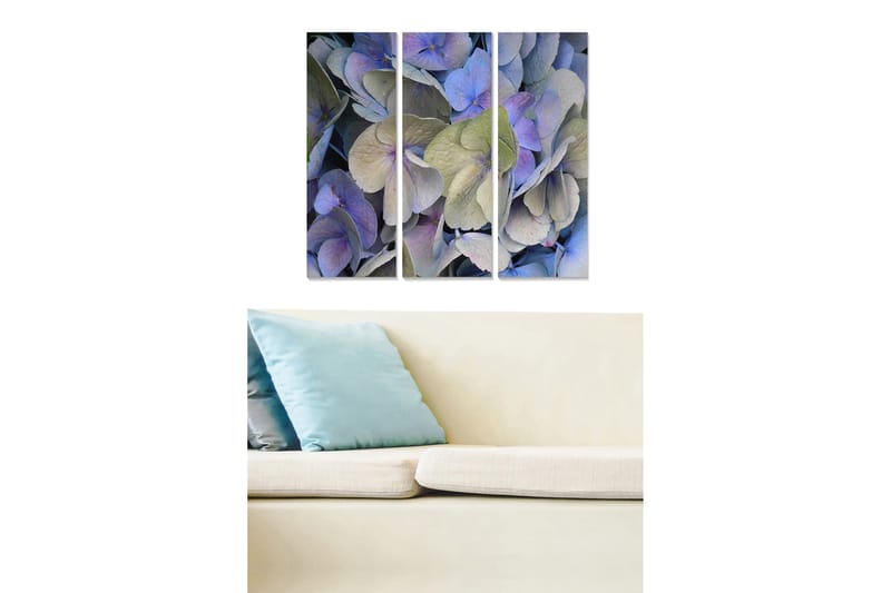 Trælærredstryk 3-delt 50x70 cm - Farverig samling af hortensiablomster, Lilla / Grøn / Blå