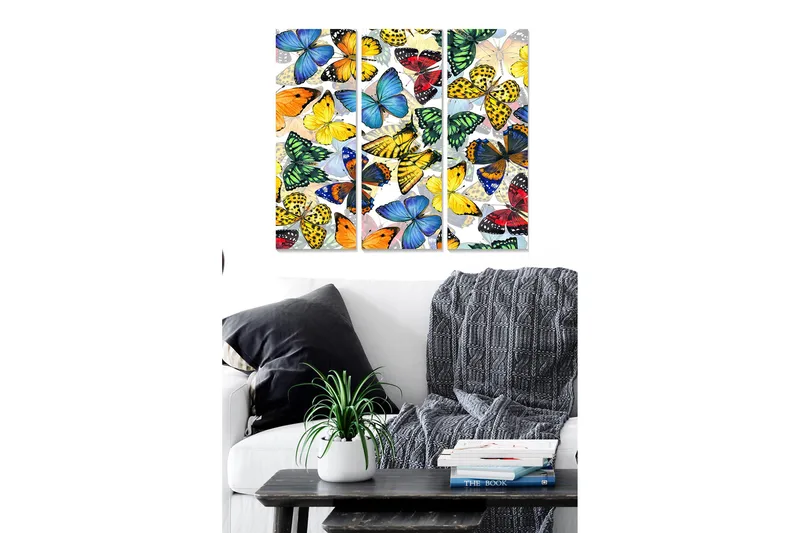 Trælærredstryk 3-delt 50x70 cm - Farverig samling af sommerfugle, Blå / Gul / Rød