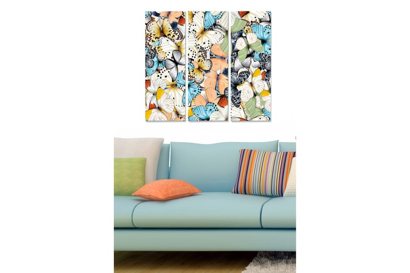 Trælærredstryk 3-delt 50x70 cm - Farverig samling af sommerfugle, Blå / Hvid / Orange