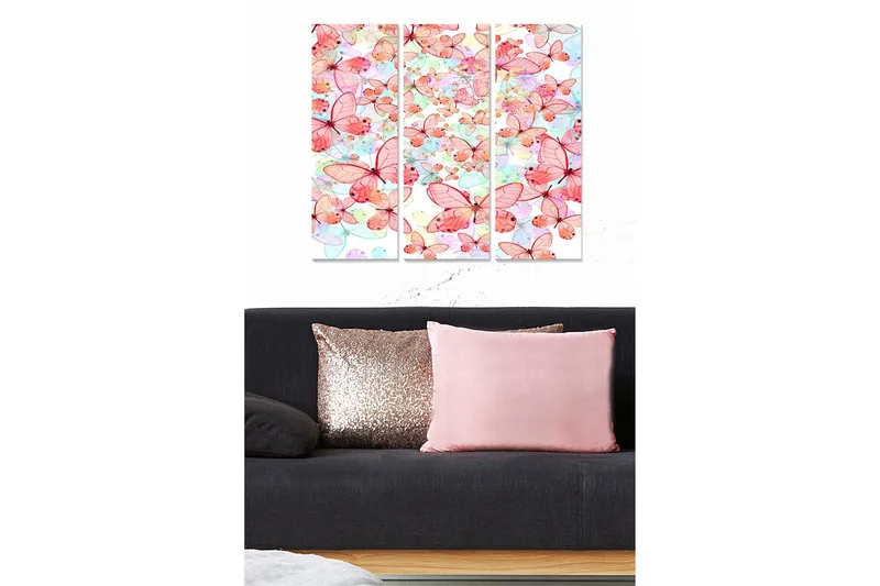 Trælærredstryk 3-delt 50x70 cm - Farverig samling af sommerfugle i forskellige nuancer, Lyserød / Lyseblå / Grøn