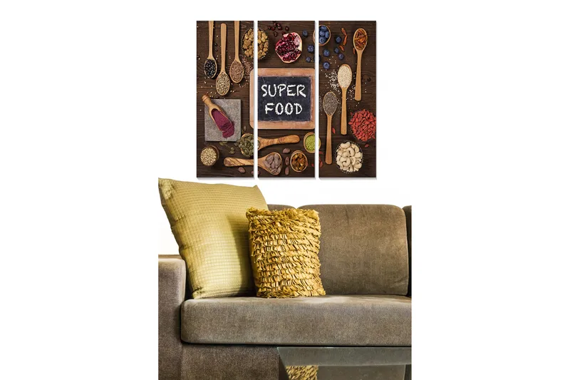 Trælærredstryk 3-delt 50x70 cm - Farverig samling af superfoods og krydderier på en træoverflade, Brun / Rød / Sort