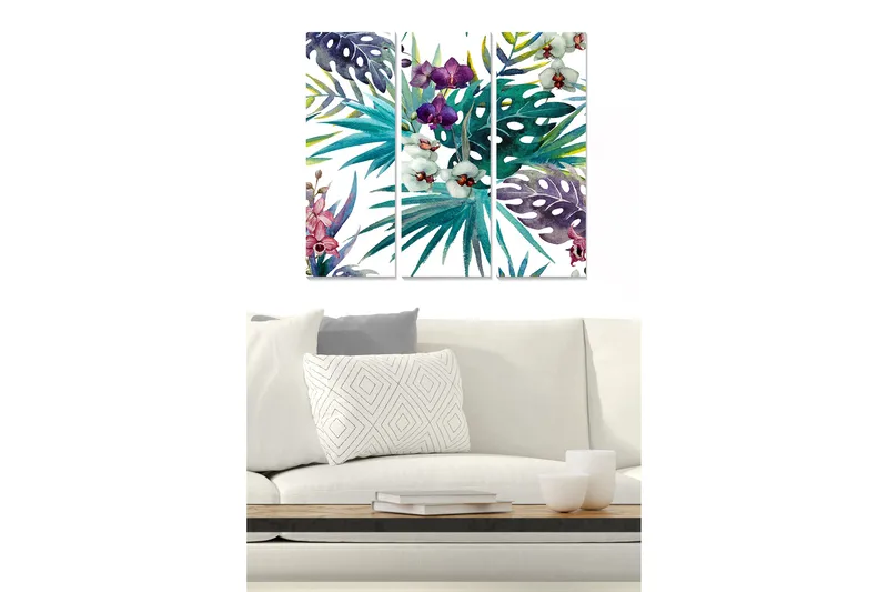 Trælærredstryk 3-delt 50x70 cm - Farverig samling af tropiske planter og blomster, Grøn / Lilla / Lyserød
