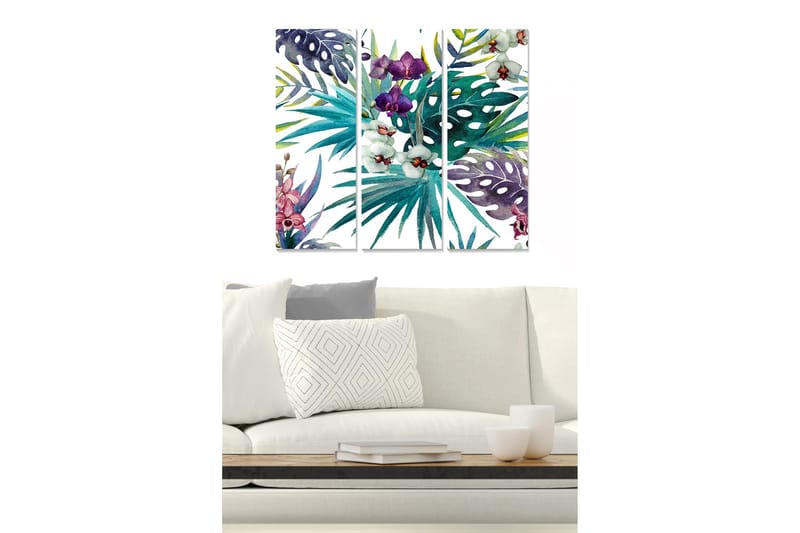 Trælærredstryk 3-delt 50x70 cm - Farverig samling af tropiske planter og blomster, Grøn / Lilla / Lyserød