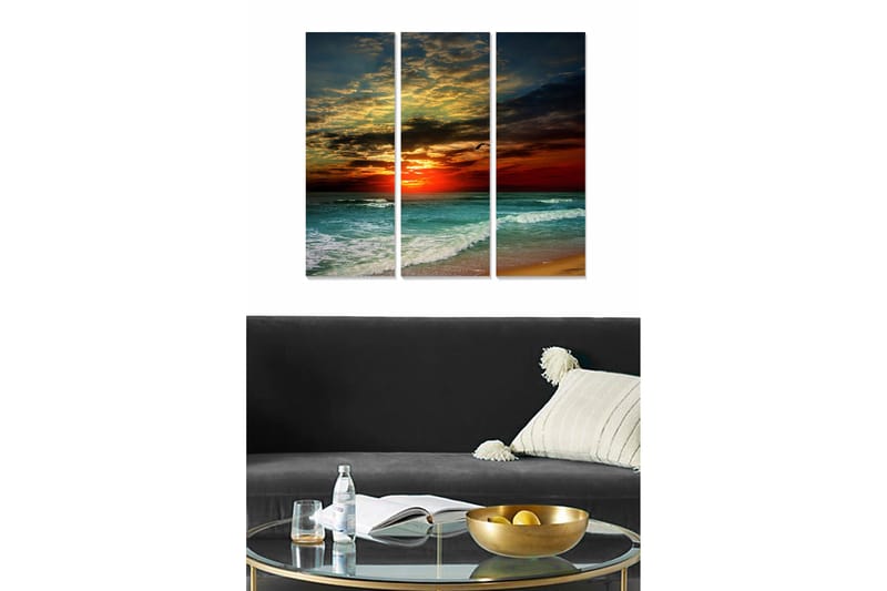 Trælærredstryk 3-delt 50x70 cm - Farverig solnedgang over havet, Blå / Orange / Grøn