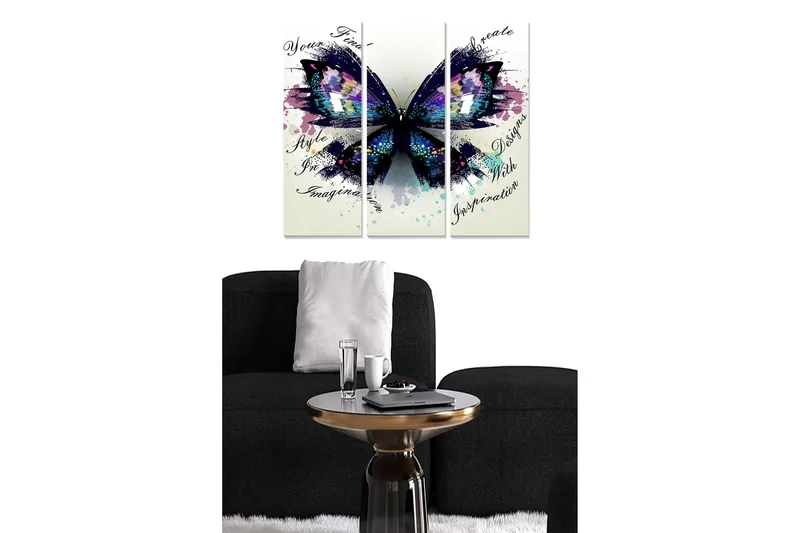 Trælærredstryk 3-delt 50x70 cm - Farverig sommerfugl med abstrakte elementer, Lilla / Blå / Sort