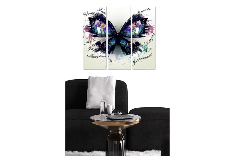 Trælærredstryk 3-delt 50x70 cm - Farverig sommerfugl med abstrakte elementer, Lilla / Blå / Sort