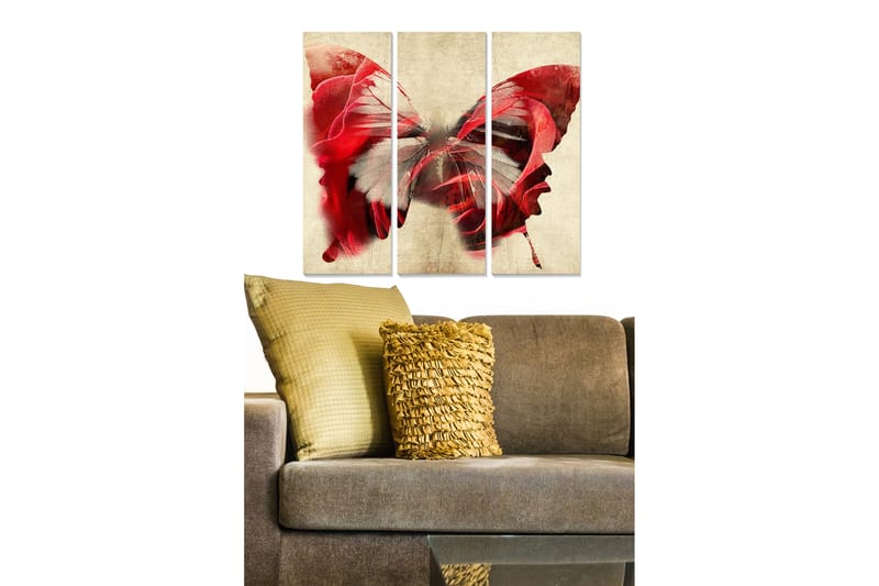 Trælærredstryk 3-delt 50x70 cm - Farverig sommerfugl med røde og hvide detaljer, Rød / Hvid
