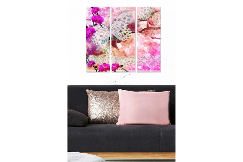 Trælærredstryk 3-delt 50x70 cm - Farverig sommerfugl omgivet af orkideer og abstrakte former, Lilla / Lyserød / Hvid