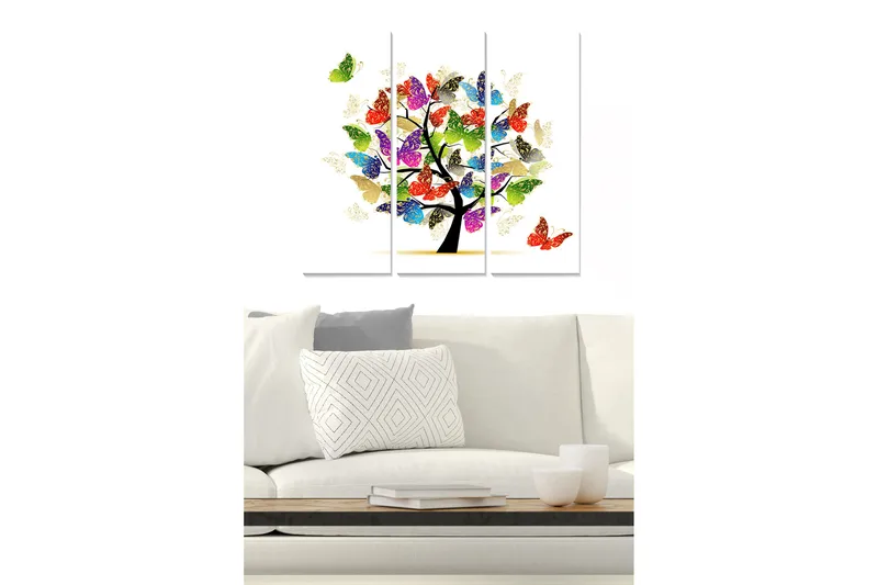 Trælærredstryk 3-delt 50x70 cm - Farverig træstruktur med sommerfugle der svæver rundt, Grøn / Rød / Blå