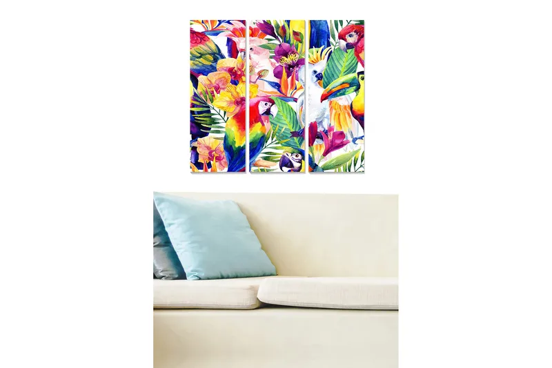 Trælærredstryk 3-delt 50x70 cm - Farverig tropisk flora med fugle, Grøn / Rød / Gul