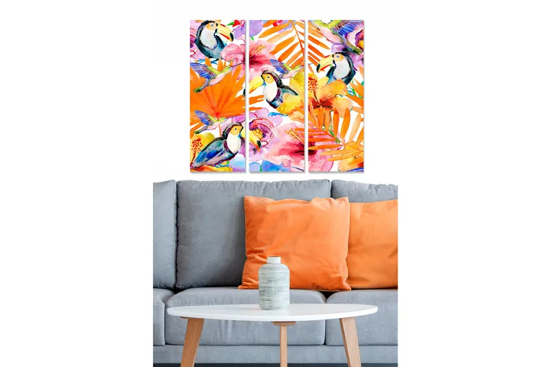Trælærredstryk 3-delt 50x70 cm - Farverig tropisk komposition med tukaner og blomster, Orange / Grøn / Lyserød