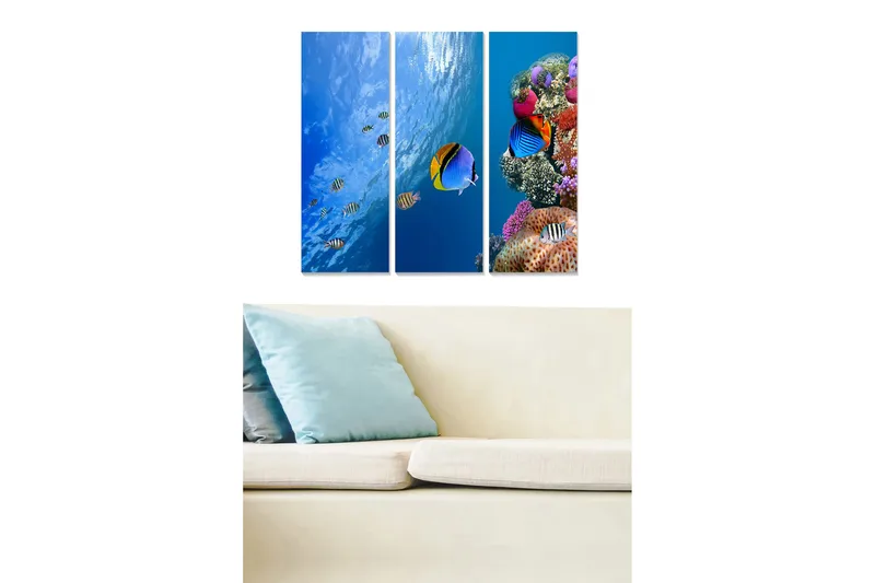 Trælærredstryk 3-delt 50x70 cm - Farverig undervandsscene med koralrev og tropiske fisk, Blå / Orange / Lilla