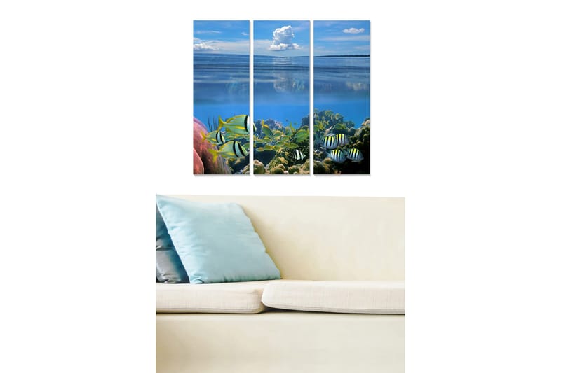 Trælærredstryk 3-delt 50x70 cm - Farverig undervandsscene med tropiske fisk og koraller, Blå / Grøn / Lyserød