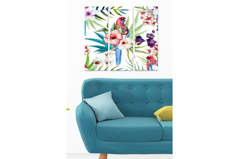 Trælærredstryk 3-delt 50x70 cm - Farverig papegøje omgivet af tropiske blomster og blade, Grøn / Rød / Blå