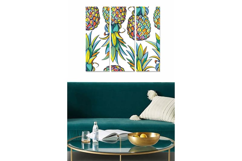 Trælærredstryk 3-delt 50x70 cm - Farverige ananaser med tropiske detaljer, Grøn / Gul / Lilla