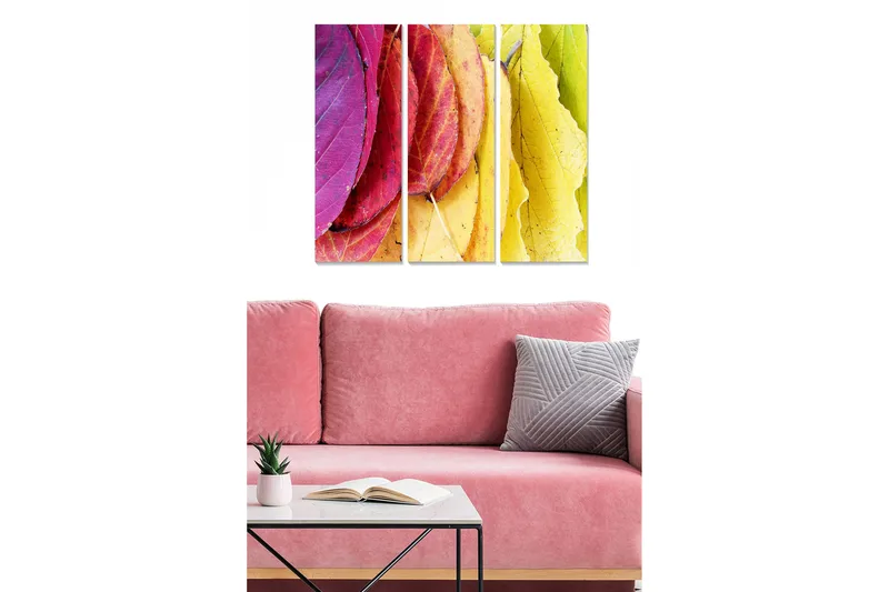 Trælærredstryk 3-delt 50x70 cm - Farverige efterårsblade i forskellige nuancer, Lyserød / Gul / Grøn