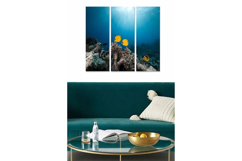 Trælærredstryk 3-delt 50x70 cm - Farverige fisk svømmer over koralrev, Blå / Gul / Grå