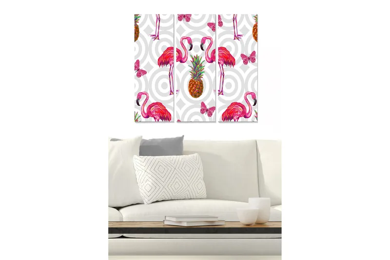 Trælærredstryk 3-delt 50x70 cm - Farverige flamingoer med ananas og sommerfugle, Lyserød / Grøn / Gul