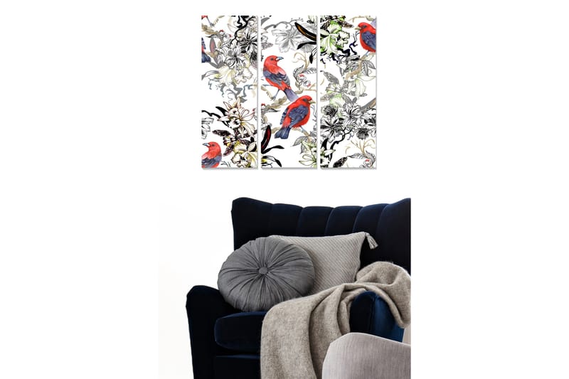 Trælærredstryk 3-delt 50x70 cm - Farverige fugle blandt blomster og vegetation, Rød / Grøn / Sort