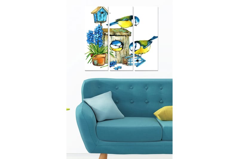 Trælærredstryk 3-delt 50x70 cm - Farverige fugle ved en fuglefoderautomat med blomster og et fuglehus, Blå / Grøn / Gul