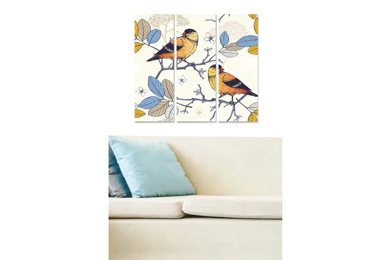 Trælærredstryk 3-delt 50x70 cm - Farverige fugle på en gren omgivet af blade, Blå / Gul / Grøn