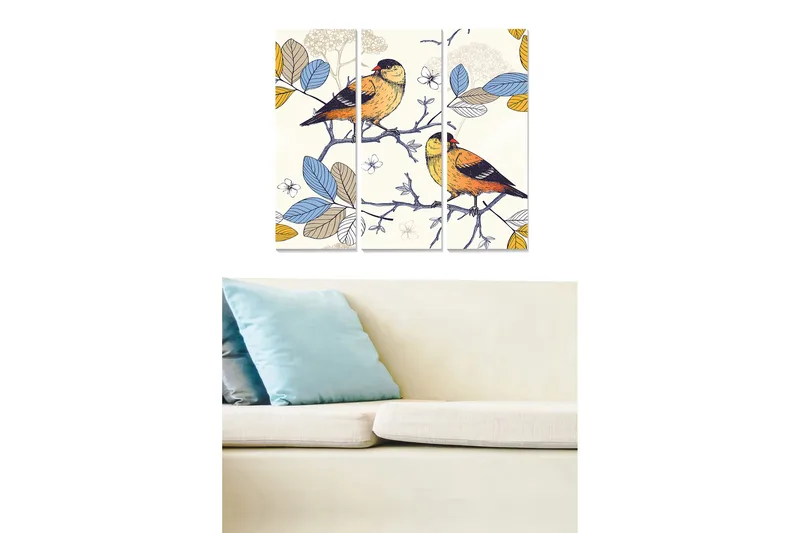 Trælærredstryk 3-delt 50x70 cm - Farverige fugle på en gren omgivet af blade, Blå / Gul / Grøn