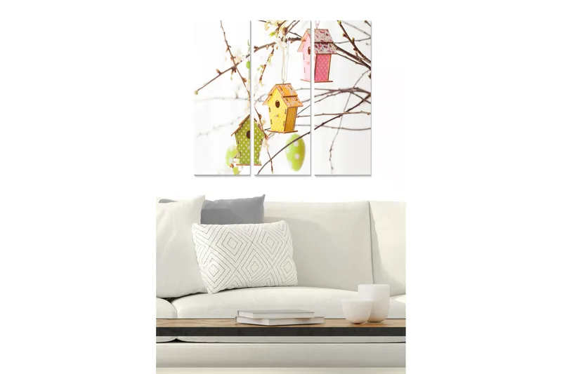 Trælærredstryk 3-delt 50x70 cm - Farverige fuglehuse hængende fra grene, Grøn / Gul / Lyserød