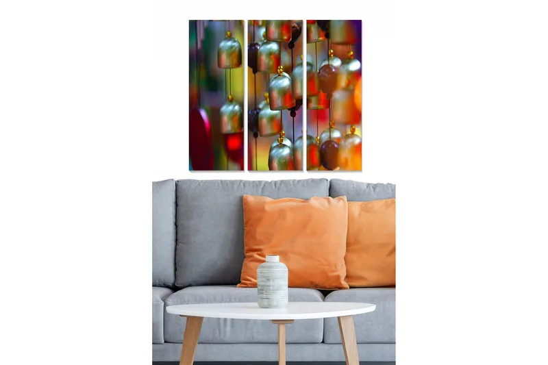 Trælærredstryk 3-delt 50x70 cm - Farverige hængende ure i forskellige nuancer, Grøn / Rød / Gul