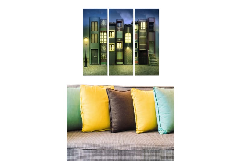 Trælærredstryk 3-delt 50x70 cm - Farverige huse med vinduer og en gadelampe i et drømmeagtigt miljø, Mørkeblå / Grøn / Rød