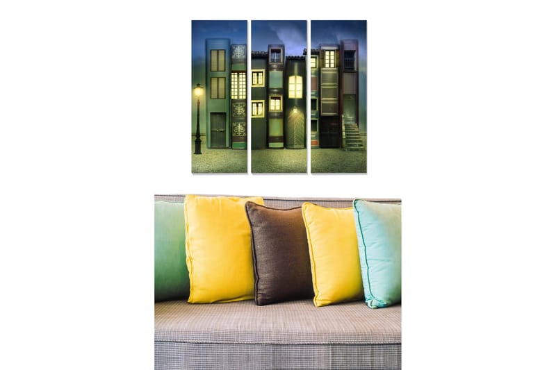 Trælærredstryk 3-delt 50x70 cm - Farverige huse med vinduer og en gadelampe i et drømmeagtigt miljø, Mørkeblå / Grøn / Rød