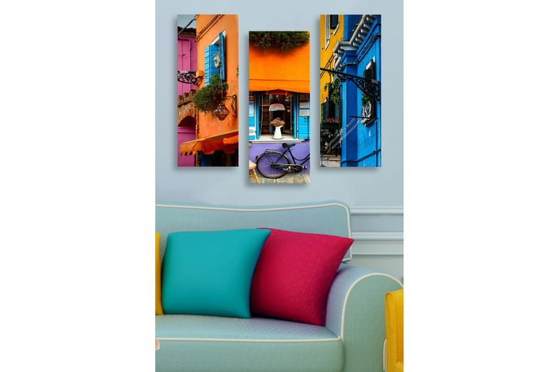 Trælærredstryk 3-delt 50x70 cm - Farverige husfacader med cykel og blomster - Orange / Blå / Lilla - Boligtilbehør - Billeder & kunst - Billeder på lærred