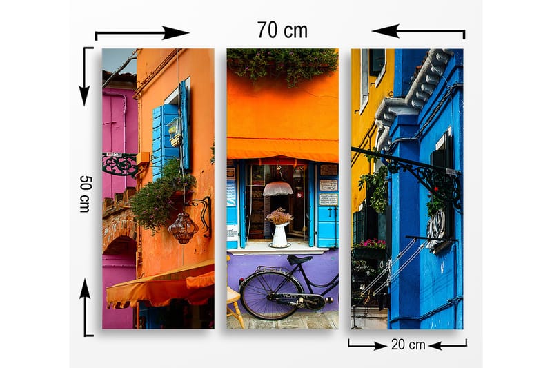 Trælærredstryk 3-delt 50x70 cm - Farverige husfacader med cykel og blomster - Orange / Blå / Lilla - Boligtilbehør - Billeder & kunst - Billeder på lærred