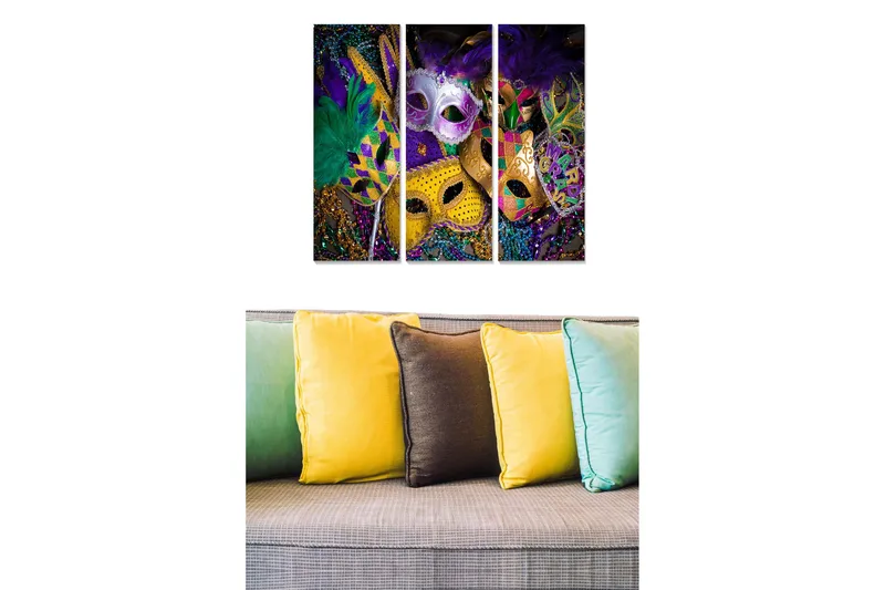 Trælærredstryk 3-delt 50x70 cm - Farverige masker med fjer og dekorationer, Lilla / Guld / Grøn