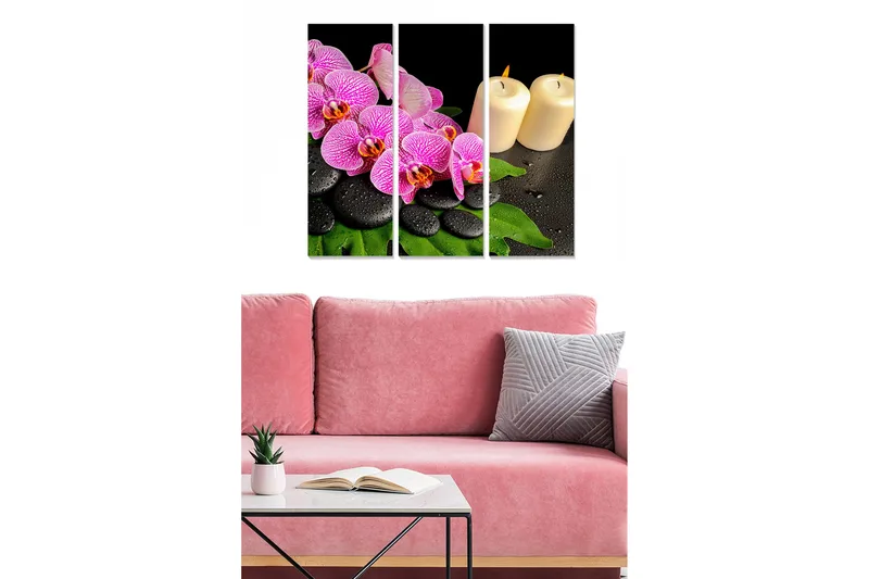 Trælærredstryk 3-delt 50x70 cm - Farverige orkideer med sten og lys, Lilla / Sort / Grøn