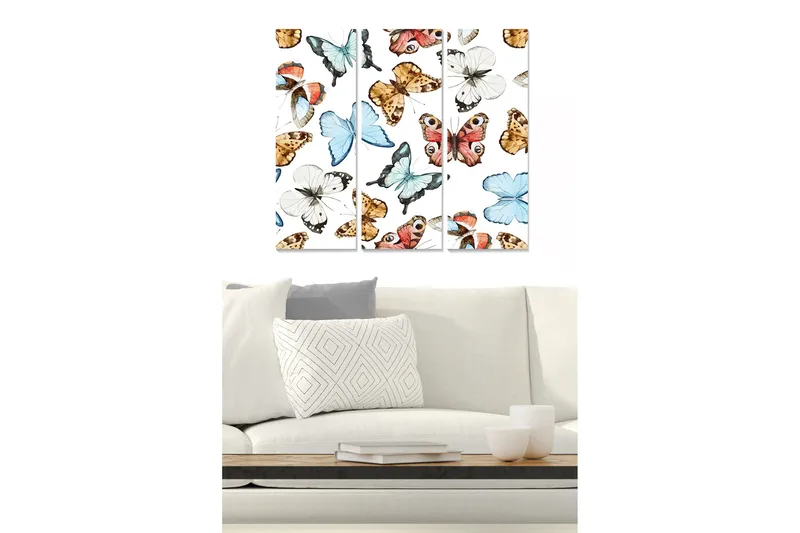 Trælærredstryk 3-delt 50x70 cm - Farverige sommerfugle i forskellige former og størrelser, Blå / Orange / Brun