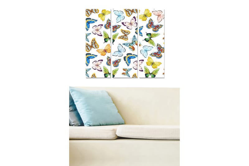 Trælærredstryk 3-delt 50x70 cm - Farverige sommerfugle i forskellige mønstre og former, Grøn / Blå / Gul