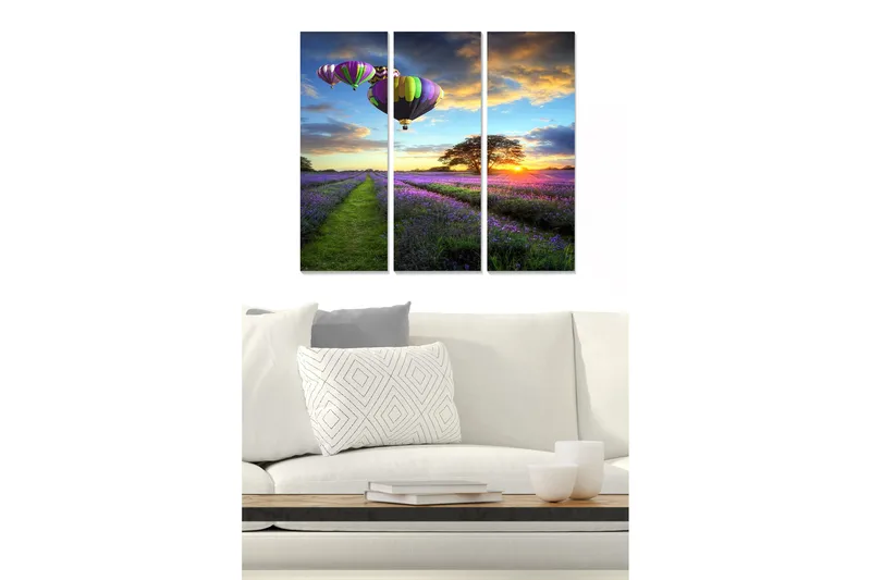 Trælærredstryk 3-delt 50x70 cm - Farverige varmluftsballoner over en lavendelmark ved solnedgang, Lilla / Grøn / Orange
