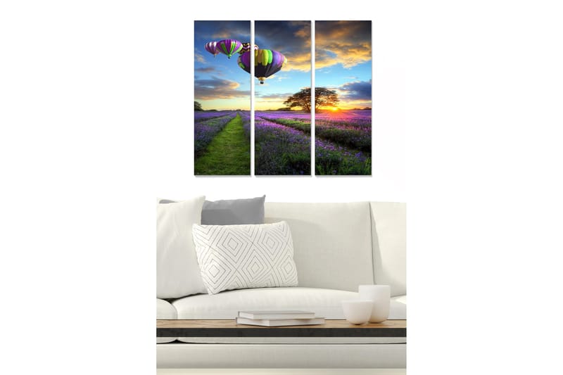 Trælærredstryk 3-delt 50x70 cm - Farverige varmluftsballoner over en lavendelmark ved solnedgang, Lilla / Grøn / Orange