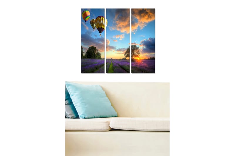 Trælærredstryk 3-delt 50x70 cm - Farverige varmluftsballoner svæver over en lavendelmark ved solnedgang - Lilla / Orange / Blå - Boligtilbehør - Billeder & kunst - Billeder på lærred