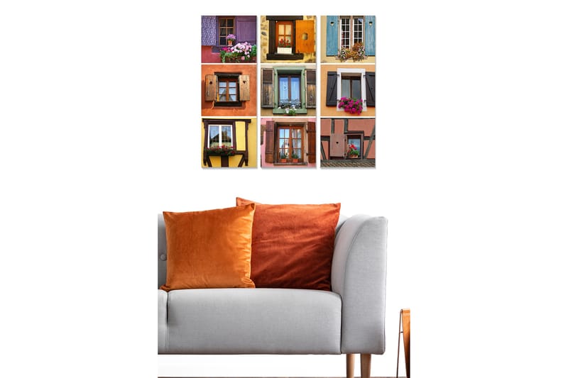 Trælærredstryk 3-delt 50x70 cm - Farverige vinduer med blomster i forskellige stilarter og designs - Lilla / Orange / Grøn - Boligtilbehør - Billeder & kunst - Billeder på lærred
