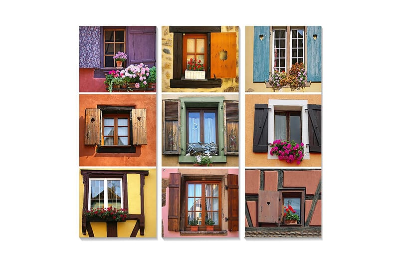 Trælærredstryk 3-delt 50x70 cm - Farverige vinduer med blomster i forskellige stilarter og designs, Lilla / Orange / Grøn