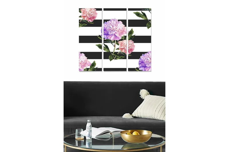 Trælærredstryk 3-delt 50x70 cm - Farverige pæoner mod en stribet baggrund, Lyserød / Lilla / Grøn