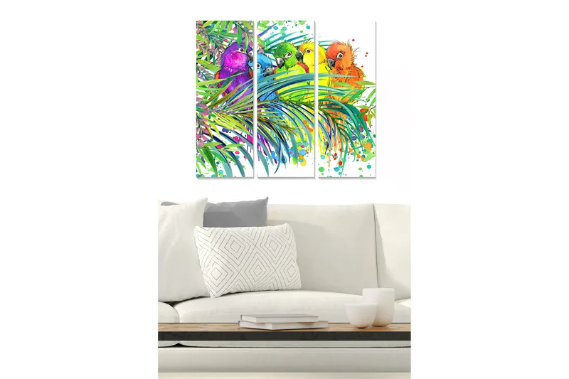 Trælærredstryk 3-delt 50x70 cm - Farverige papegøjer blandt tropiske planter, Grøn / Lilla / Orange